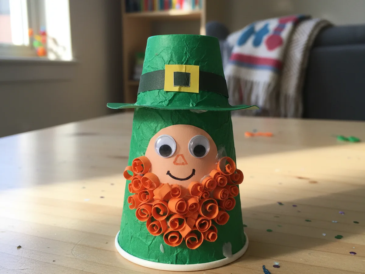 A handmade paper cup leprechaun craft with green paper wrap, an orange paper beard, a wide brim hat, and a friendly drawn-on face