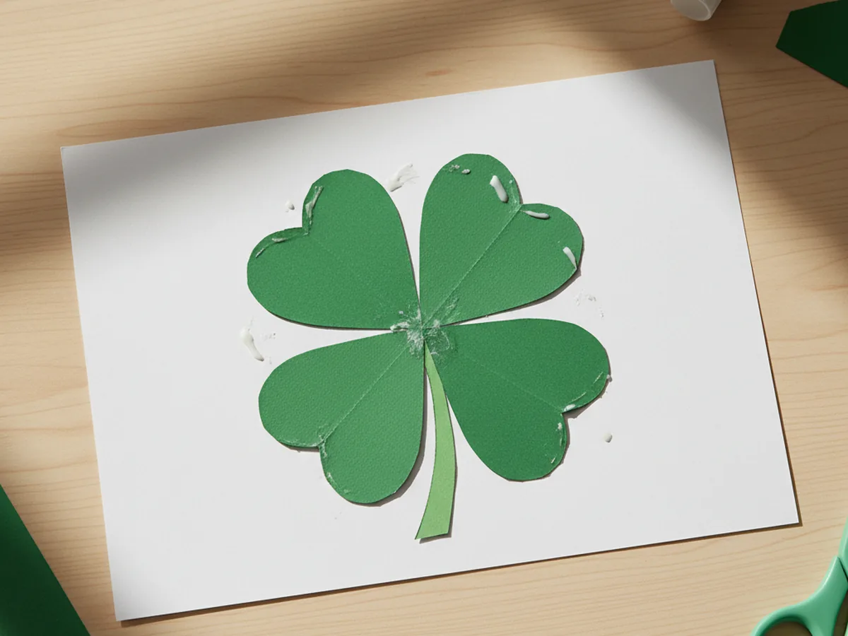 A handmade paper shamrock made from four green construction paper hearts arranged with points meeting in the center on white cardstock