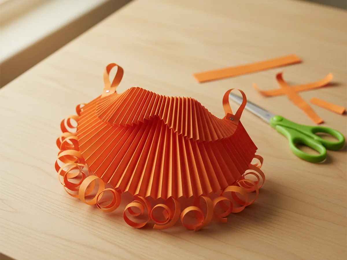 A handmade orange paper leprechaun beard with curly accordion folds and ear loops sitting on a wooden craft table