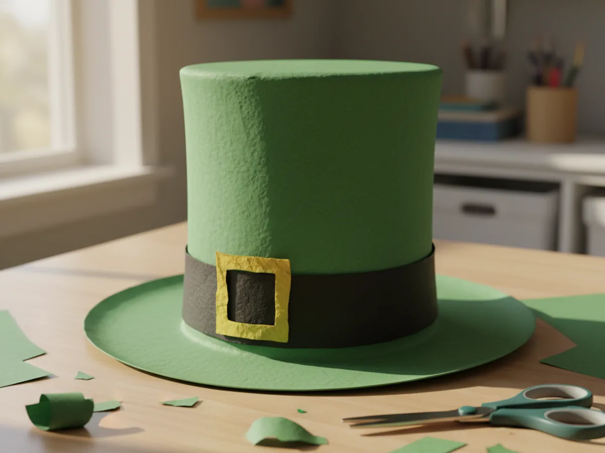 A handmade paper leprechaun top hat made from green cardstock with a black band, yellow buckle, and wide brim
