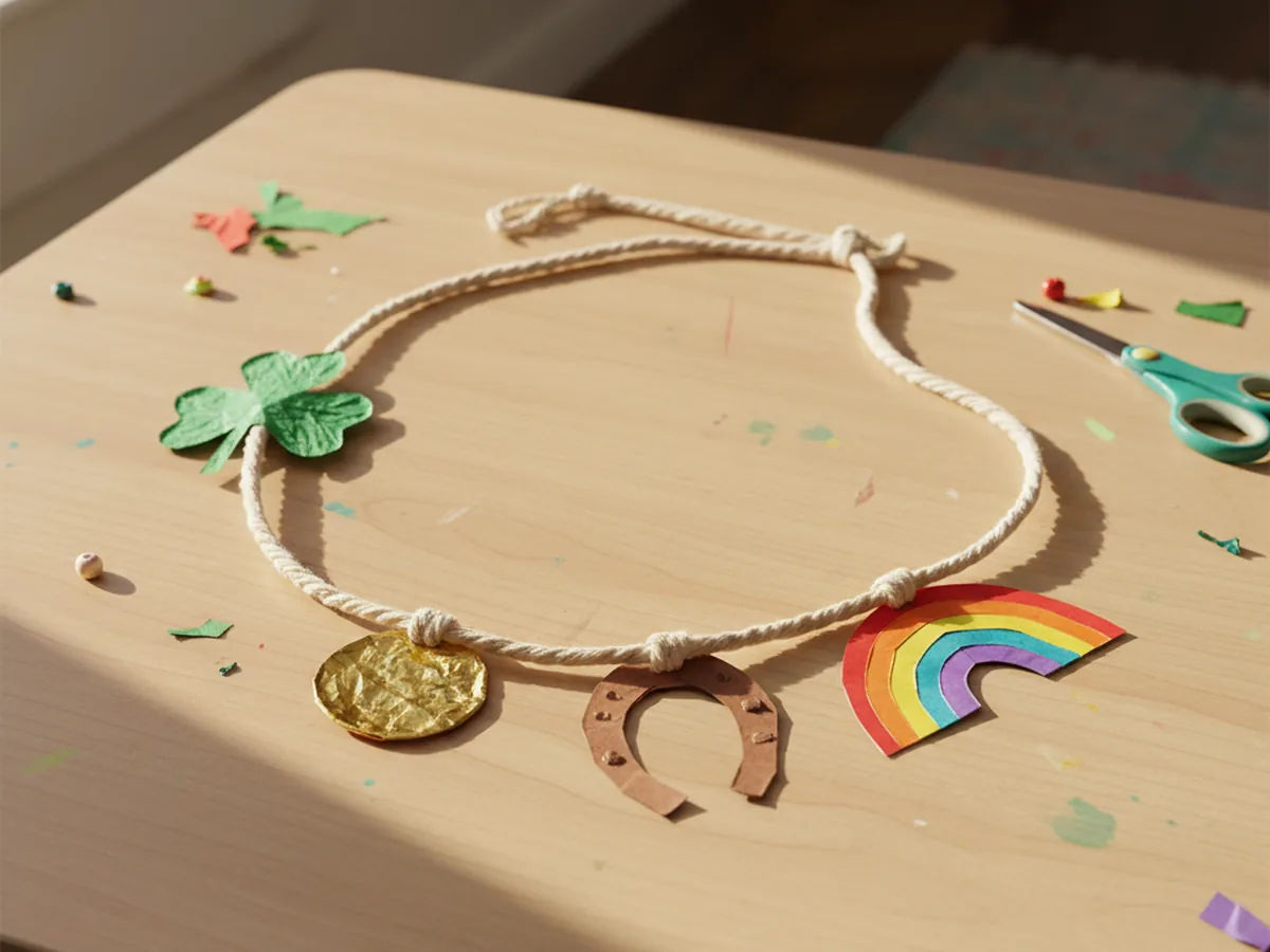 A handmade paper lucky charm necklace with shamrocks, gold coins, horseshoes, and a rainbow on a yarn string