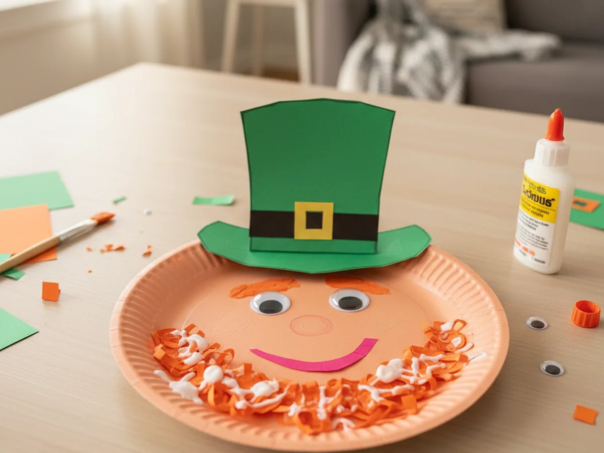A handmade paper plate leprechaun face with a curly orange beard, googly eyes, a pink smile, and a small green hat on top