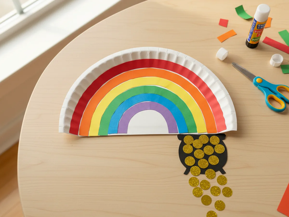 A handmade paper plate rainbow craft with red, orange, yellow, green, blue, and purple paper strips and a small black pot of gold cutout