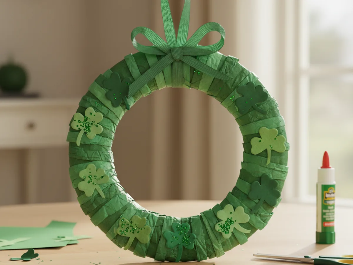 A handmade paper plate wreath covered in green paper and small paper shamrocks with a green ribbon bow at the top