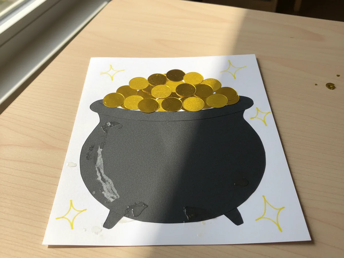 A handmade paper pot of gold craft with a black paper pot and shiny gold cardstock coins spilling over the top on white cardstock