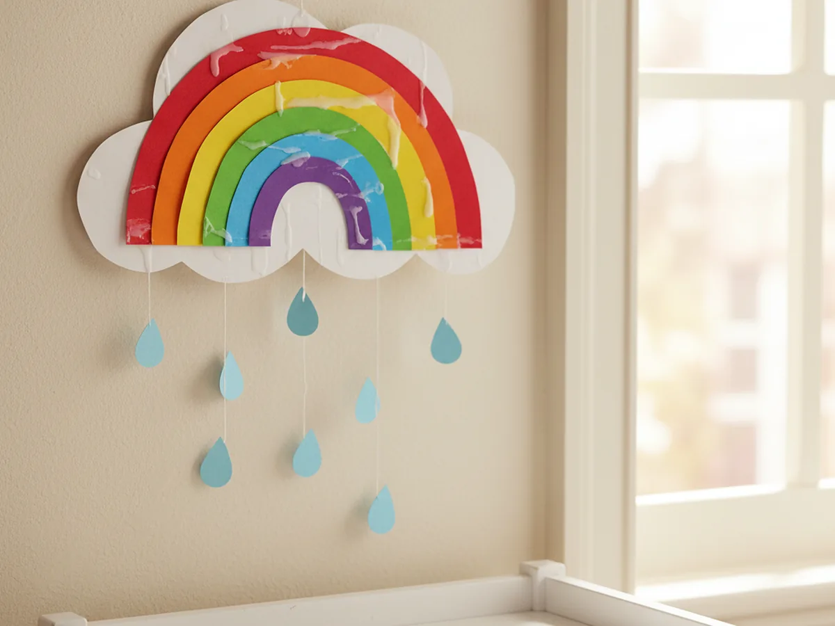 A handmade paper rainbow mobile with rainbow color strips on a cloud and small paper raindrops hanging on threads from the bottom