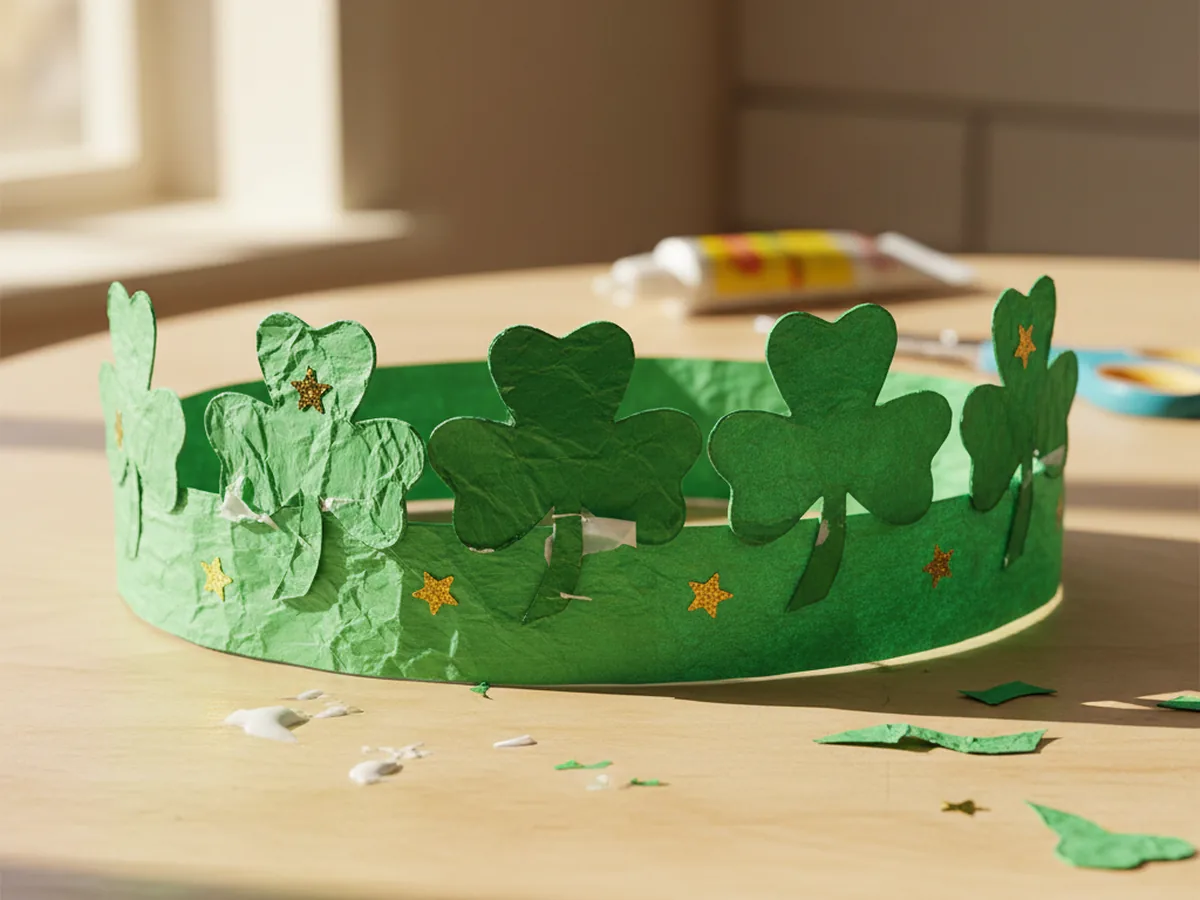 A handmade paper shamrock crown made from a green paper headband with several green shamrocks and gold star stickers across the front