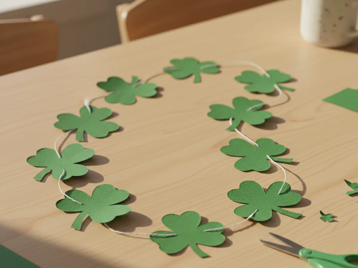 A handmade paper shamrock garland with green construction paper shamrocks strung on white yarn