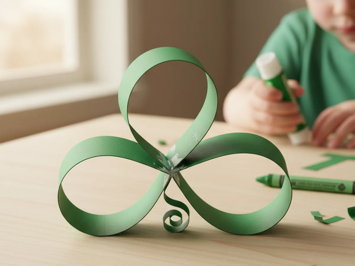 A handmade dimensional paper shamrock made from three green paper strips looped into teardrops with a small stem at the bottom