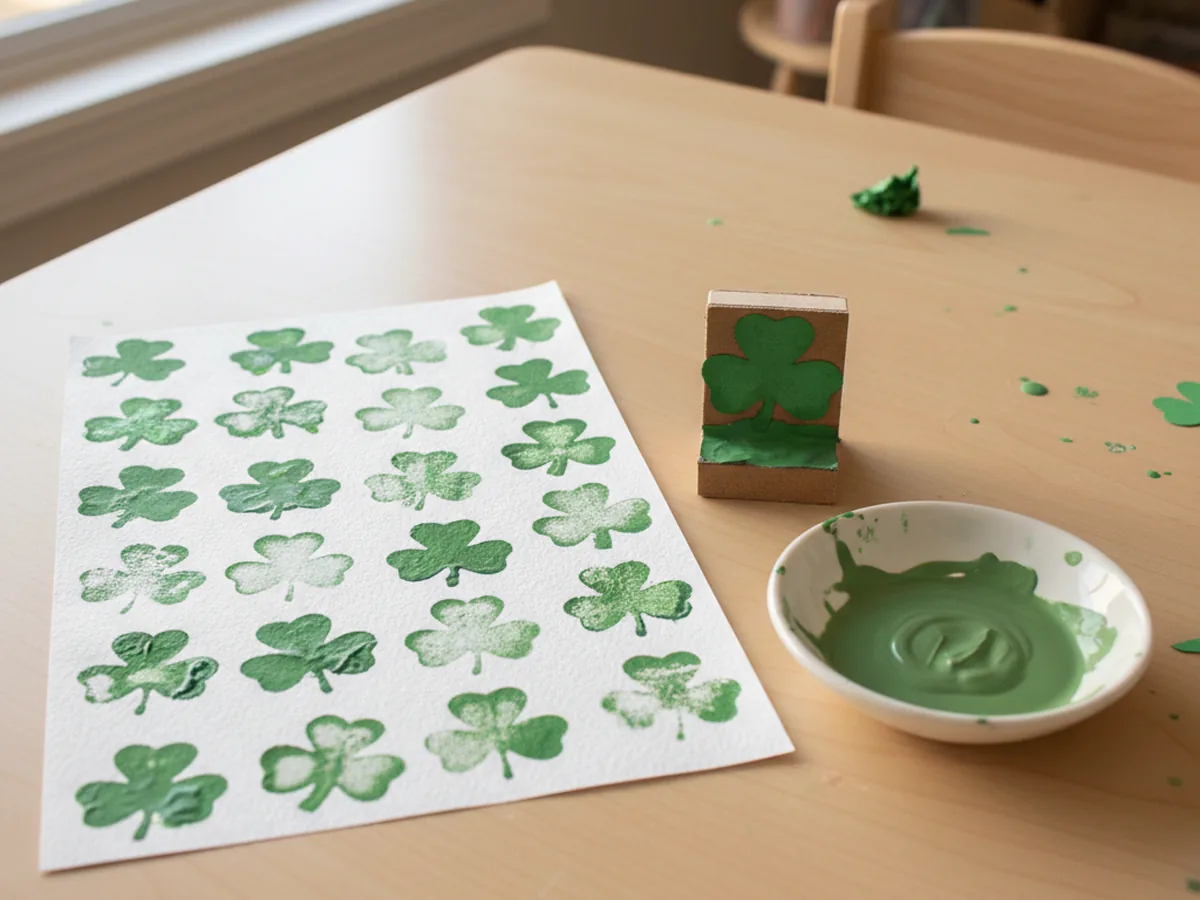 A handmade shamrock stamp print on white paper with a paper shamrock stamp glued to a cardboard block and green paint