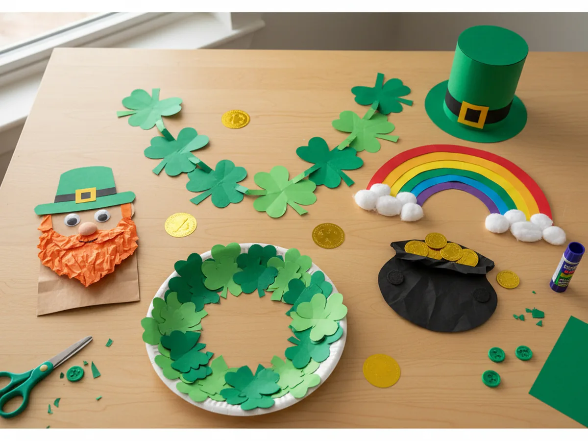 A colorful flat lay of handmade St Patrick's Day paper crafts including paper shamrock garland, a paper rainbow with a pot of gold, a leprechaun paper bag puppet, and a paper plate shamrock wreath on a craft table