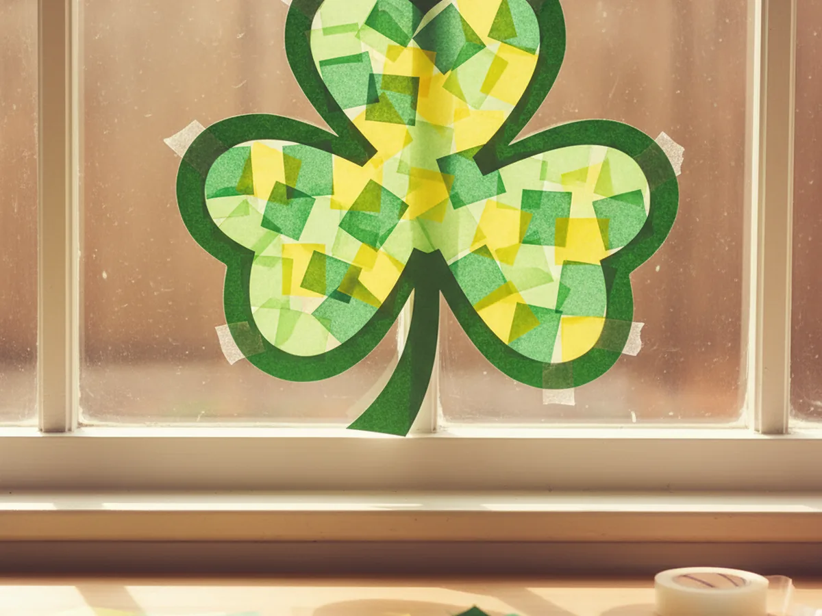 A handmade shamrock suncatcher made from a green paper outline filled with green and yellow tissue paper squares glowing in window light