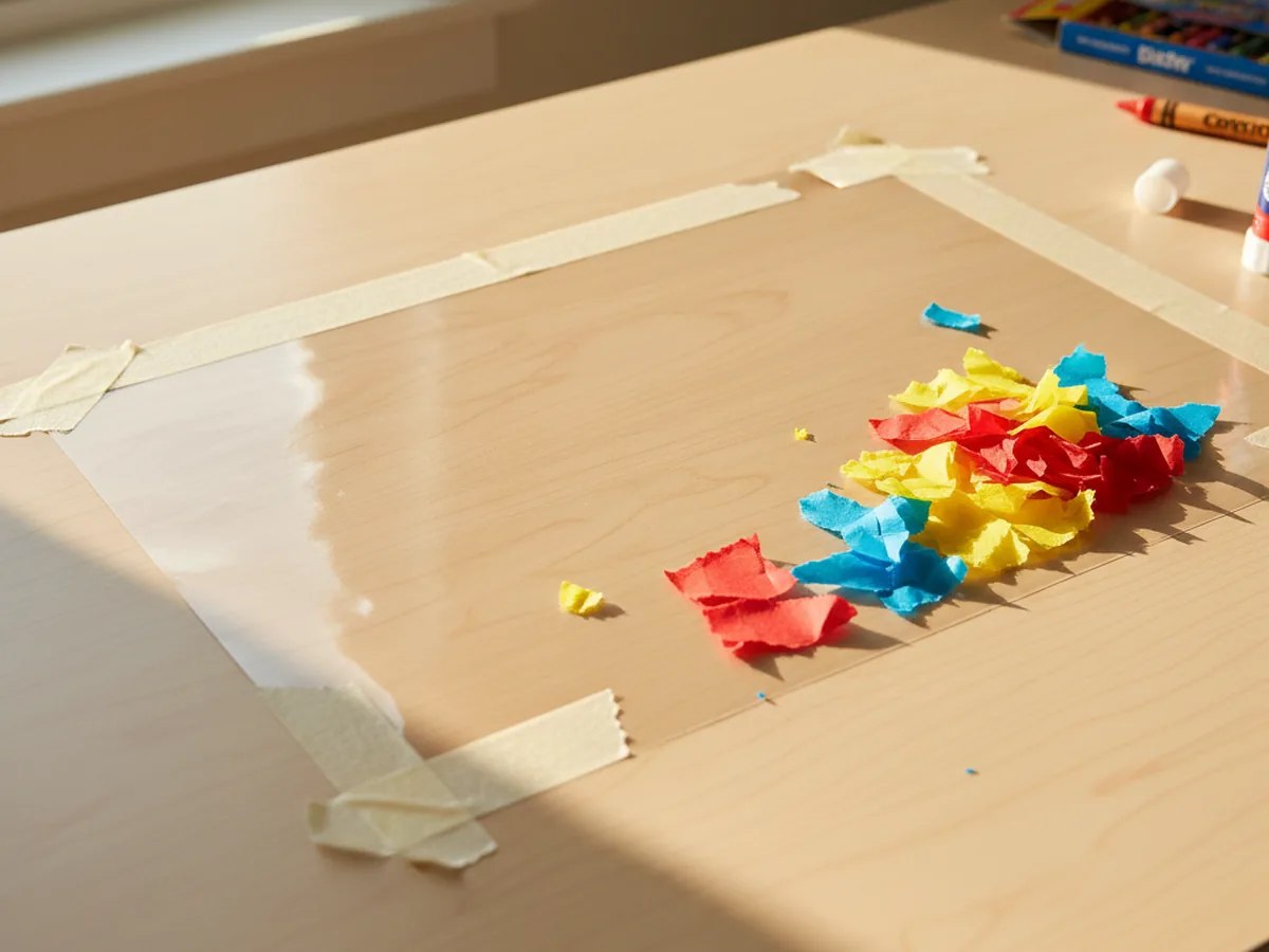 A piece of clear contact paper taped sticky-side-up to a white craft table, ready for tissue paper pieces to be pressed on