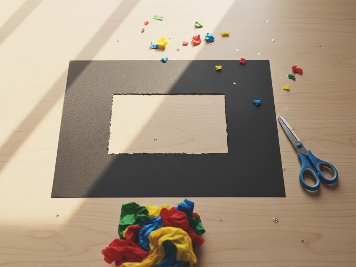 Black cardstock sheet with a rectangular window cut out in the center, creating a frame for the stained glass craft