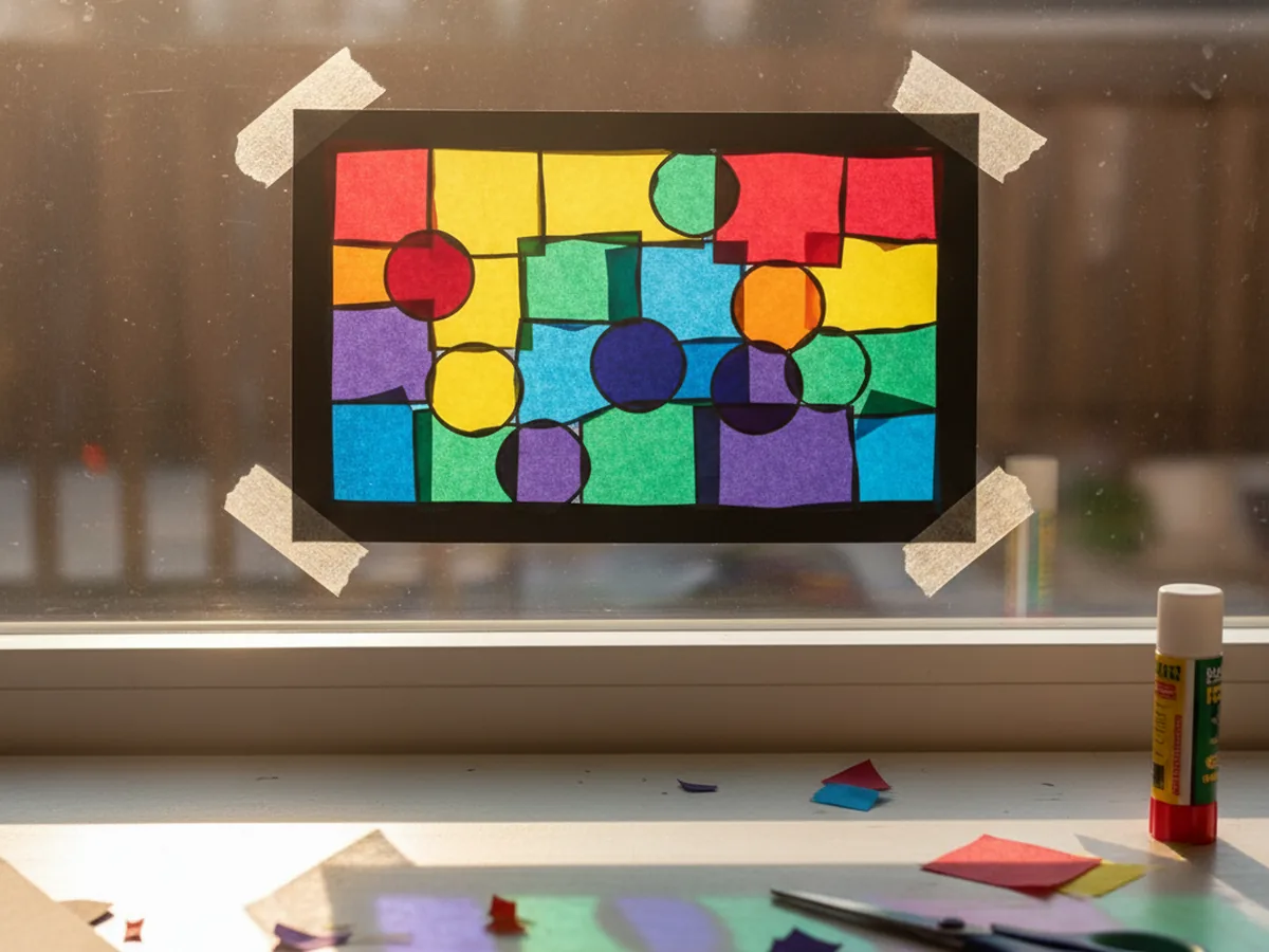 The finished stained glass tissue paper craft hanging in a bright sunny window, glowing with vibrant red, blue, yellow, and green colors through the black cardstock frame