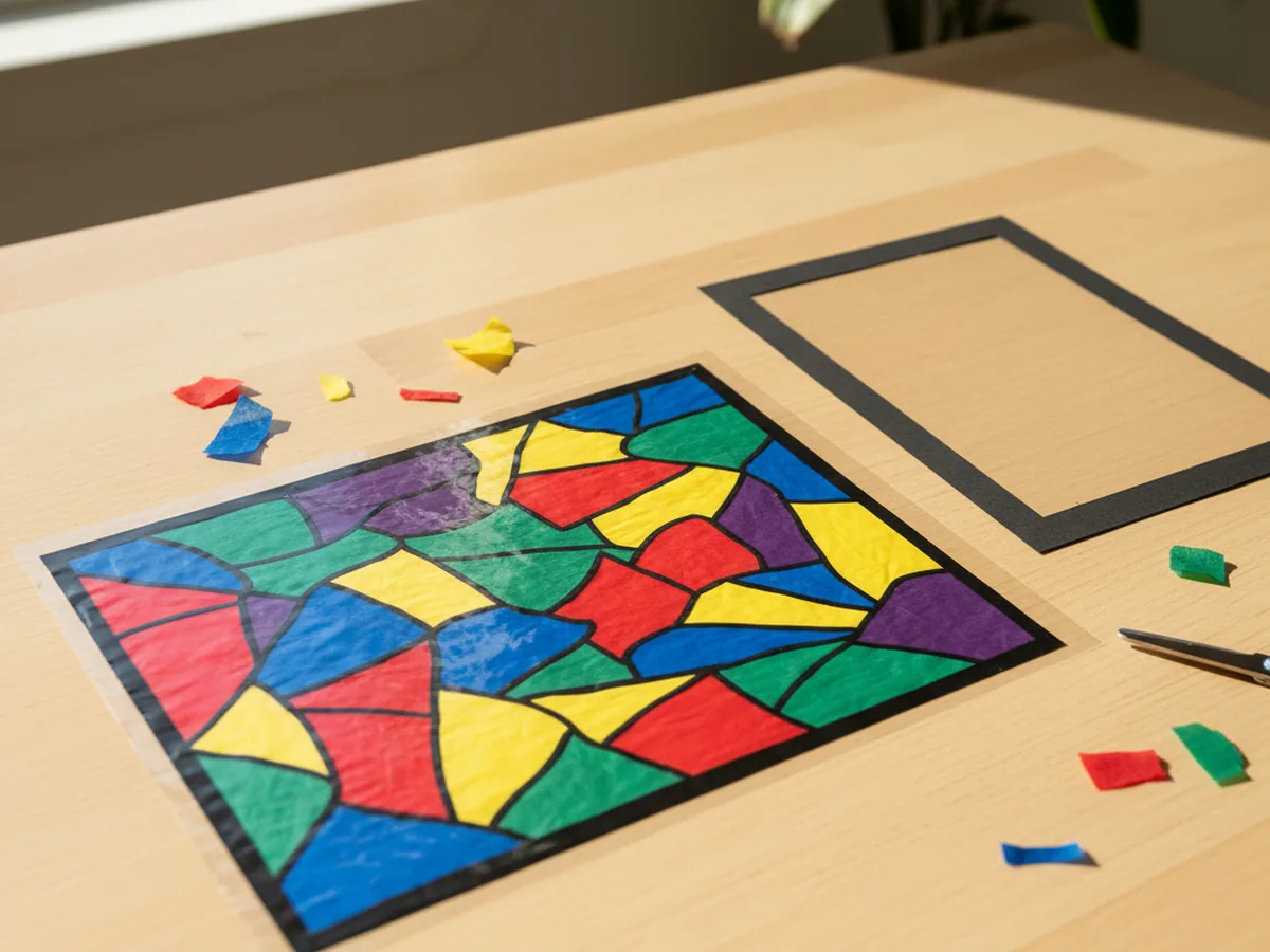 The completed tissue paper panel sealed between two layers of contact paper, trimmed neatly at the edges and ready for the frame