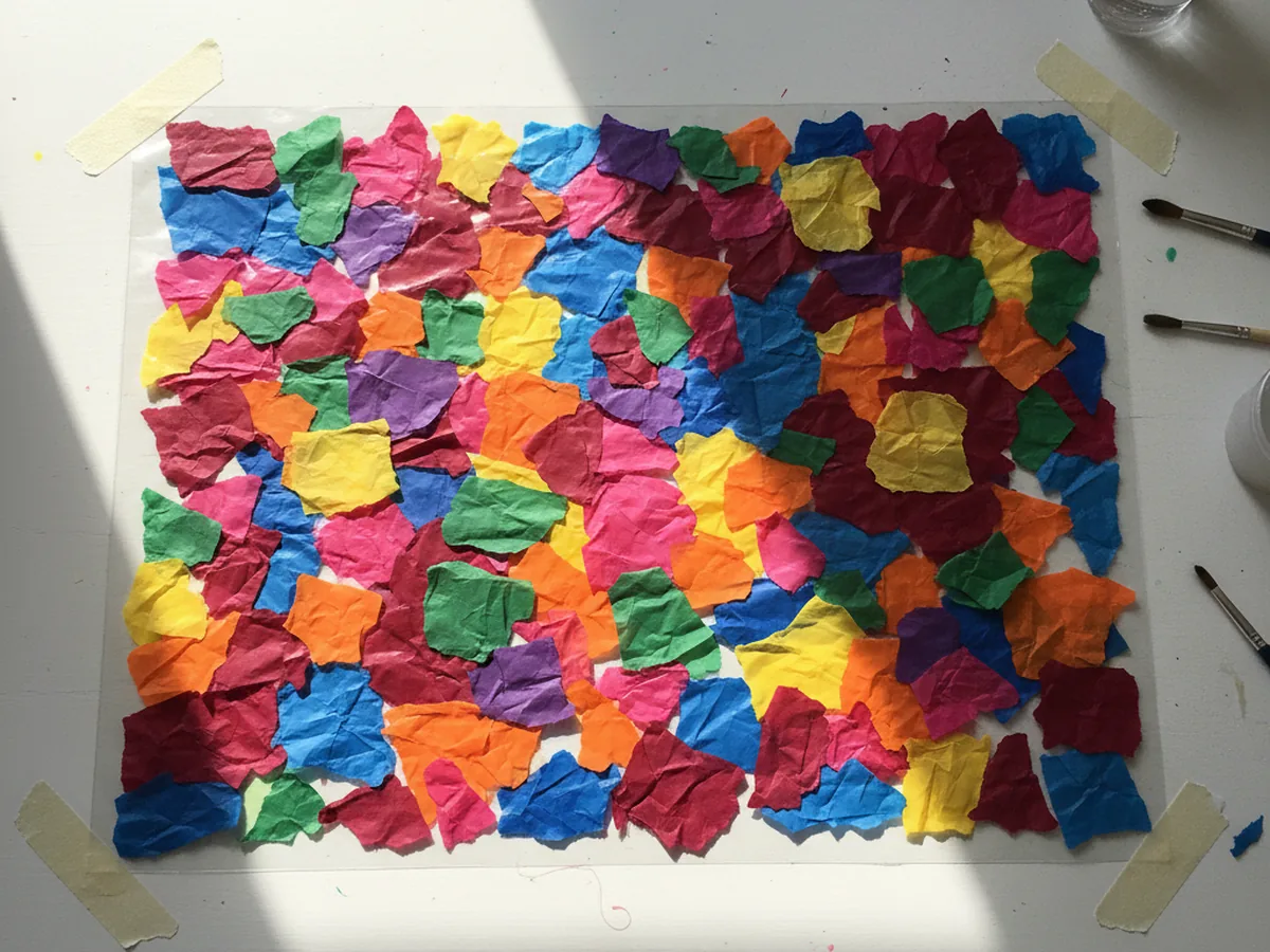 Colorful tissue paper pieces completely covering a sticky contact paper surface, overlapping in rich reds, blues, yellows, and greens