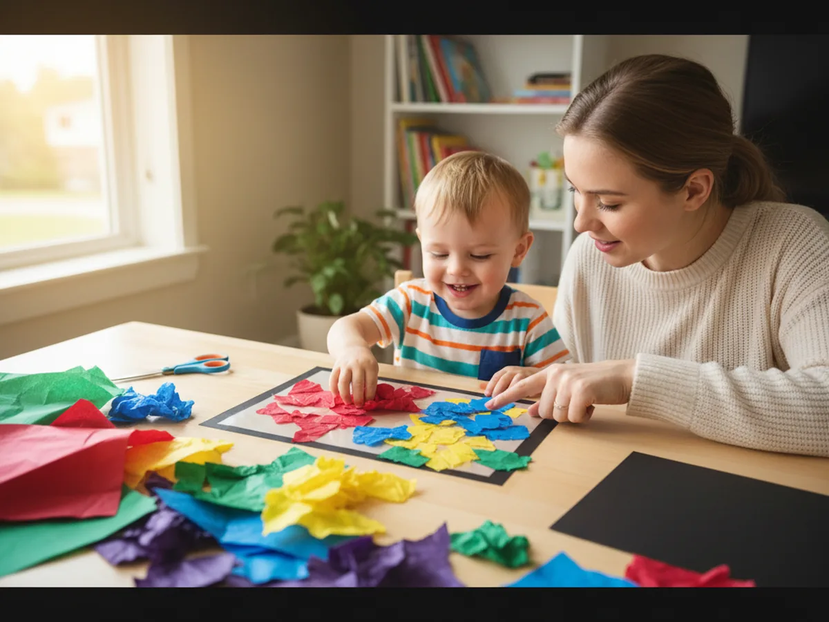 A mom and young child sitting together at a craft table, surrounded by colorful tissue paper pieces, smiling as they start the stained glass craft