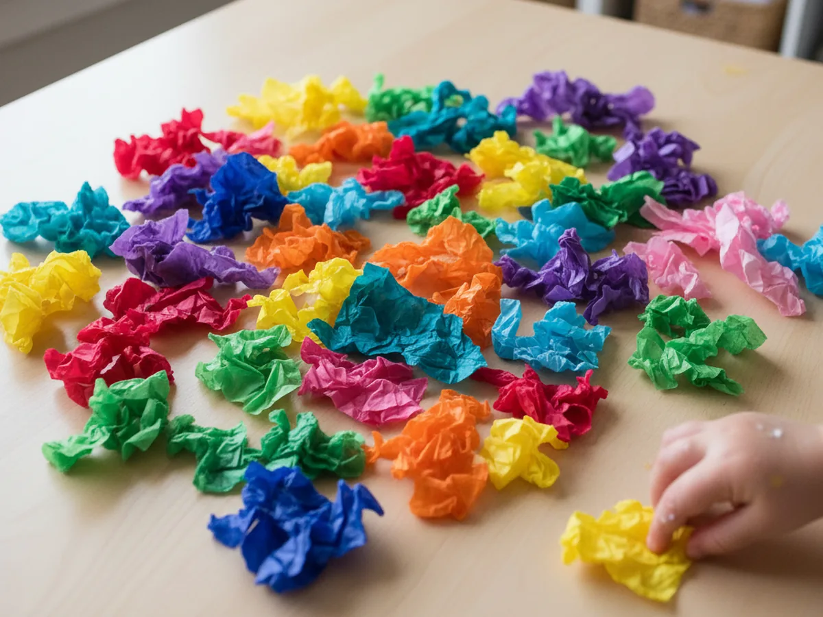 A colorful pile of torn tissue paper pieces in red, blue, yellow, green, and purple on a craft table, ready for the stained glass craft
