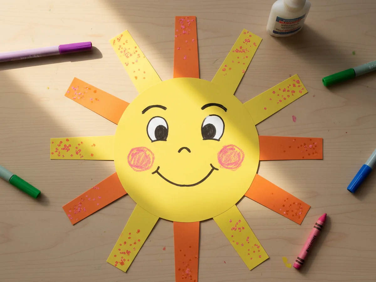 A finished smiling yellow and orange sun paper craft with rosy pink cheeks and tiny sparkle marks added near the rays