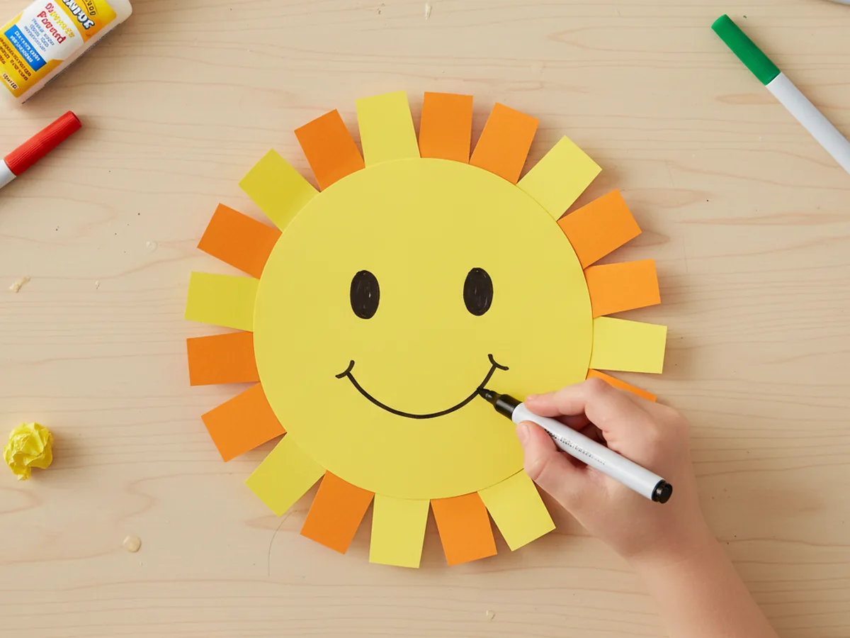 A child using a black marker to draw a happy face with two eyes and a curved smile on a yellow sun paper craft surrounded by orange and yellow rays