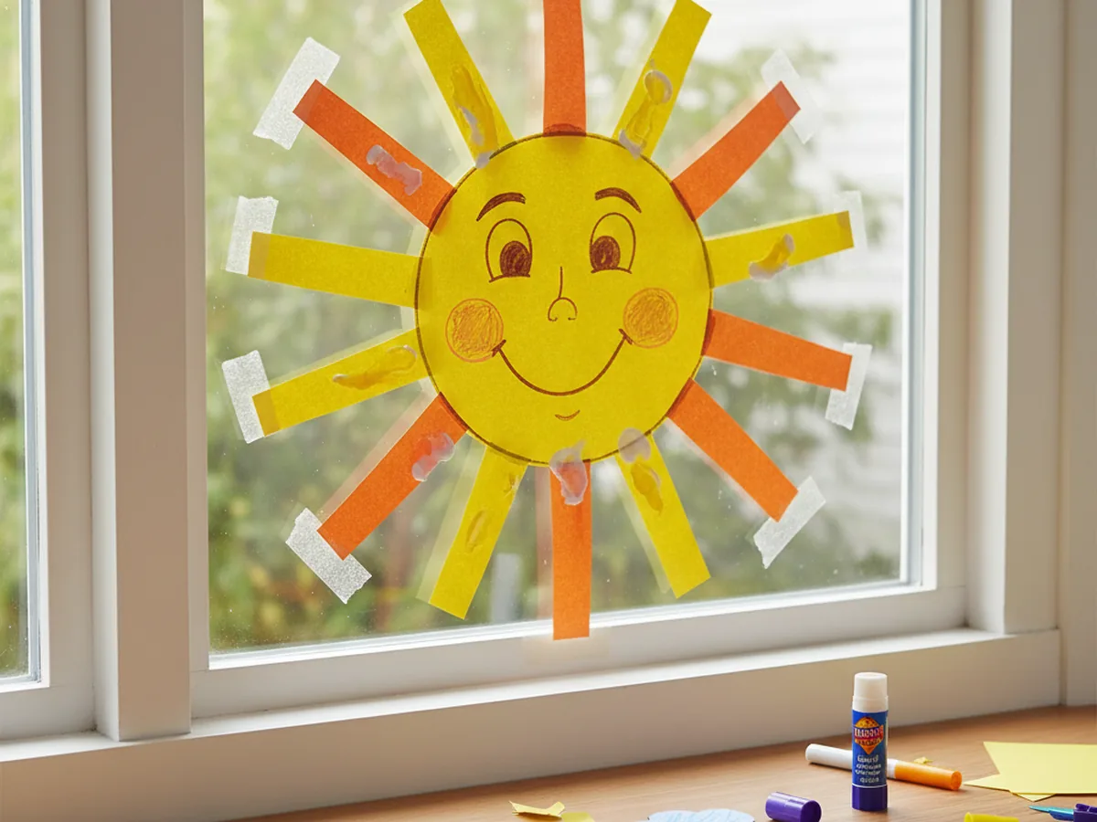 A finished sun paper craft taped to a window with morning sunlight shining around the bright yellow and orange rays