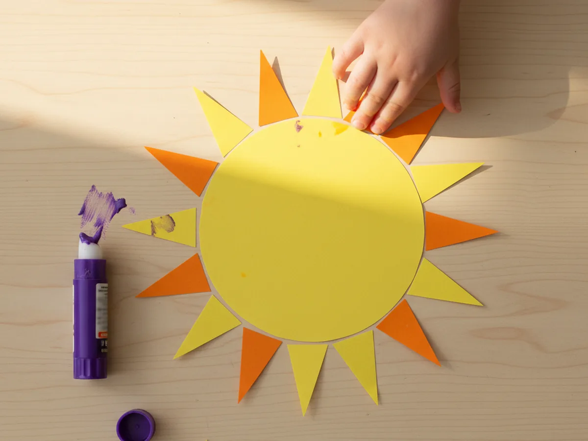 A child gluing yellow and orange paper rays around the back edge of a yellow circle to make a sun paper craft