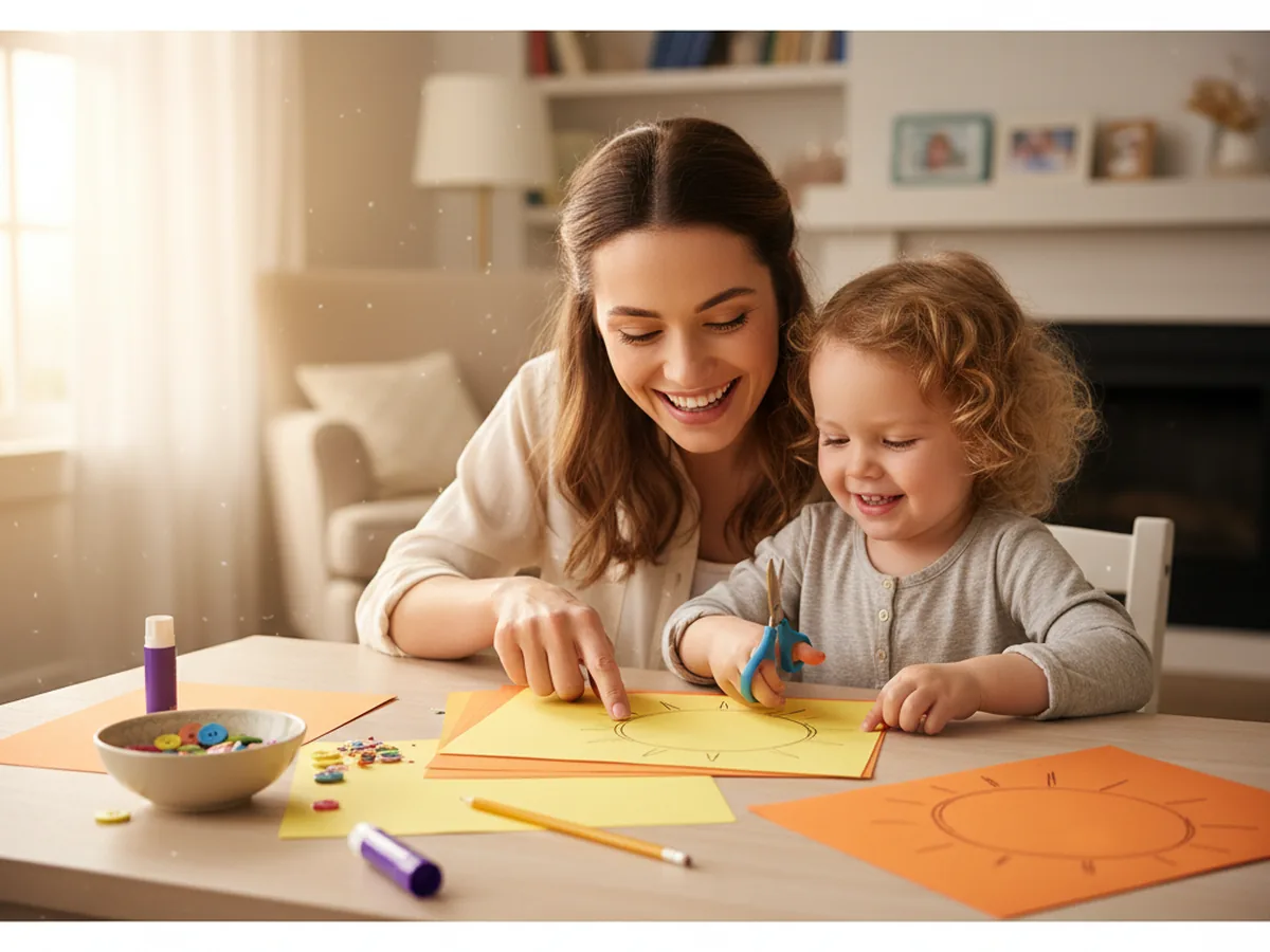 A mom and young child sitting at a craft table with yellow and orange construction paper ready to start a sun paper craft
