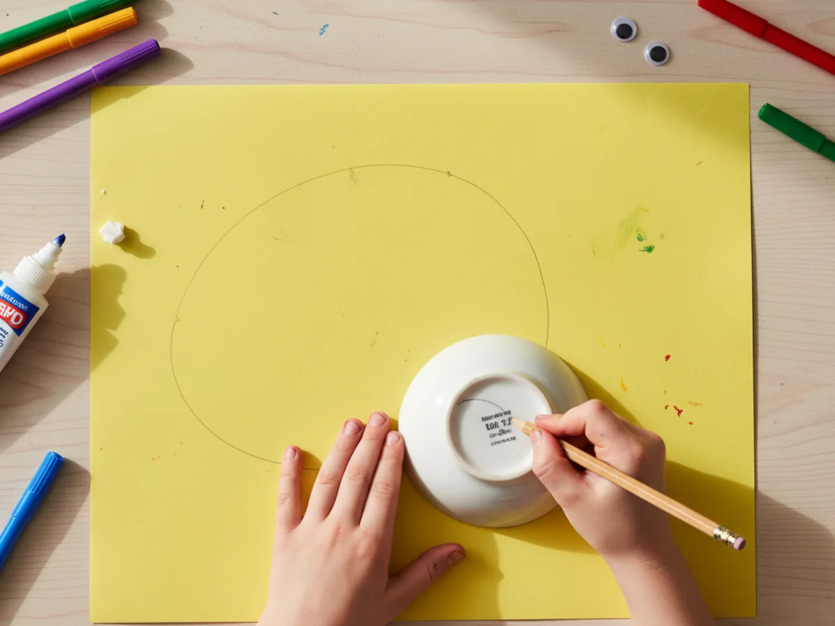 A child's hands tracing a yellow construction paper circle using a small bowl as a guide for a sun paper craft