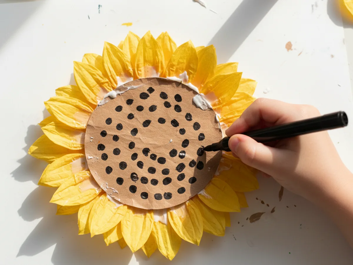 A child's hand drawing small black seed dots on the brown paper center of a handmade sunflower paper craft with a washable marker