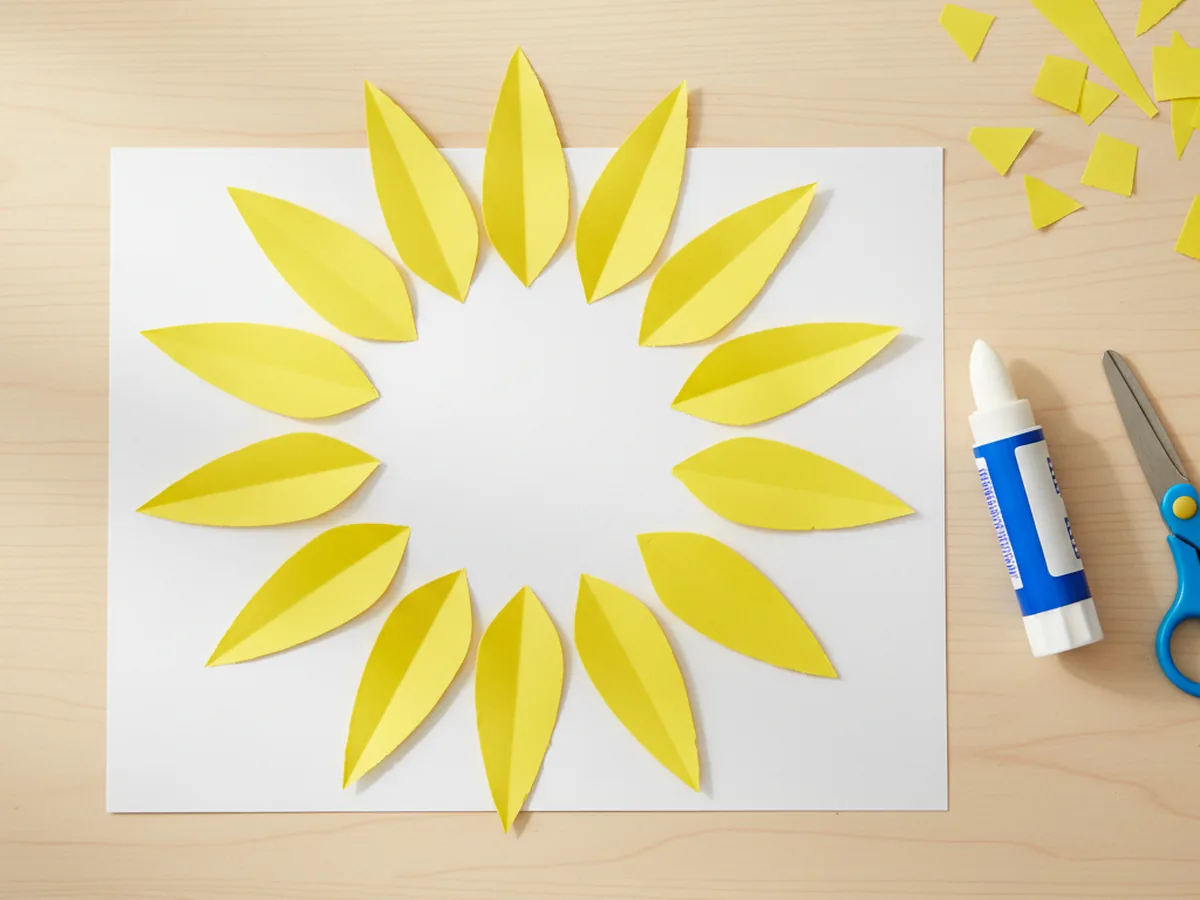 Twelve yellow paper petals arranged in a circle on white cardstock, evenly spaced like a sunflower ready to be glued