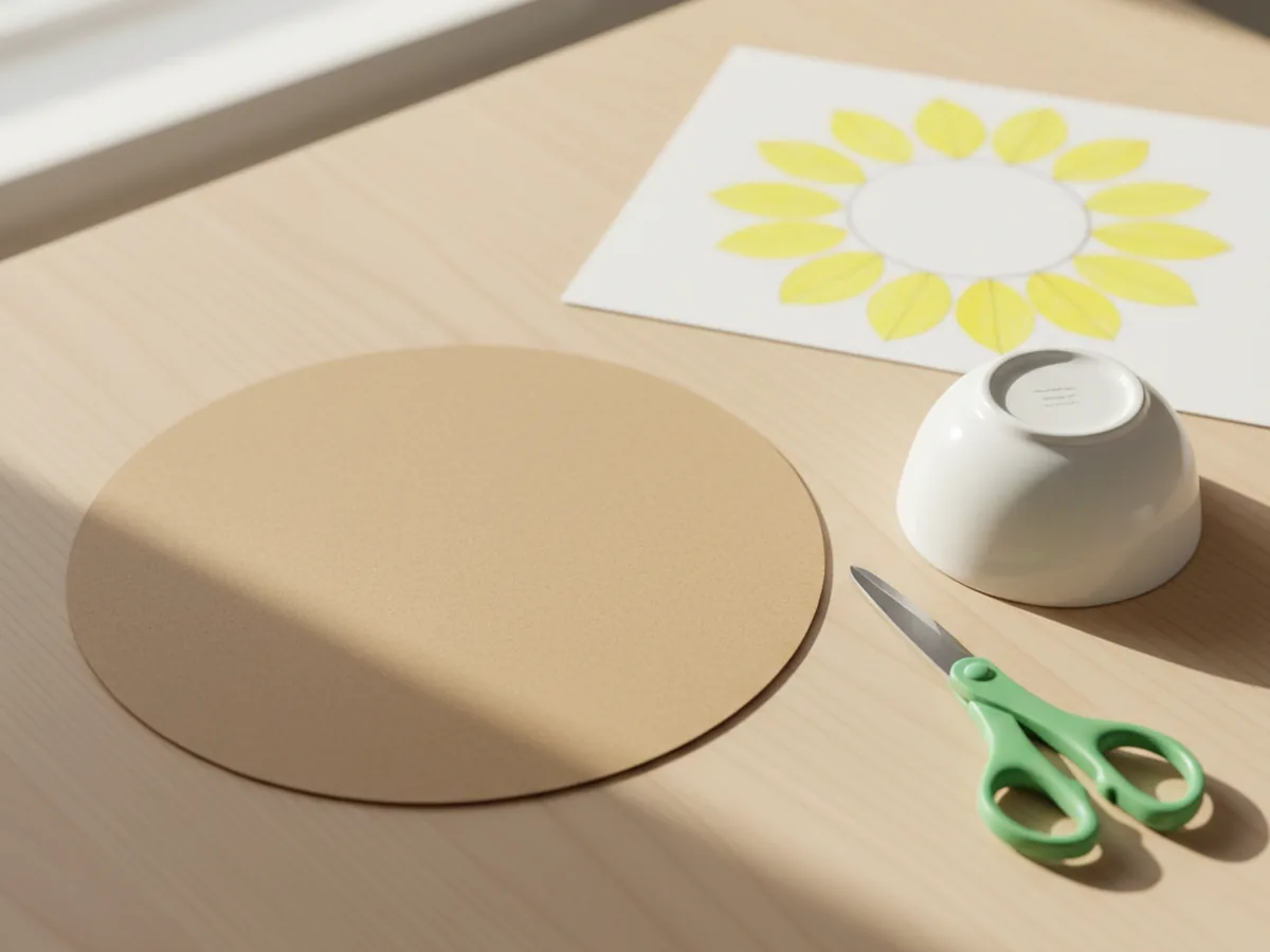 A large brown construction paper circle cut out and sitting on a craft table next to yellow paper petals arranged in a sunflower shape