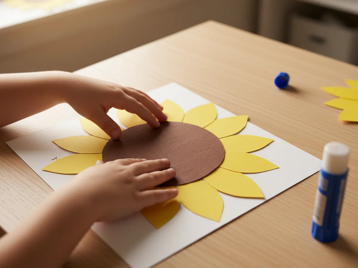 A brown paper circle being pressed down over the center of yellow paper petals on white cardstock, forming a complete sunflower shape