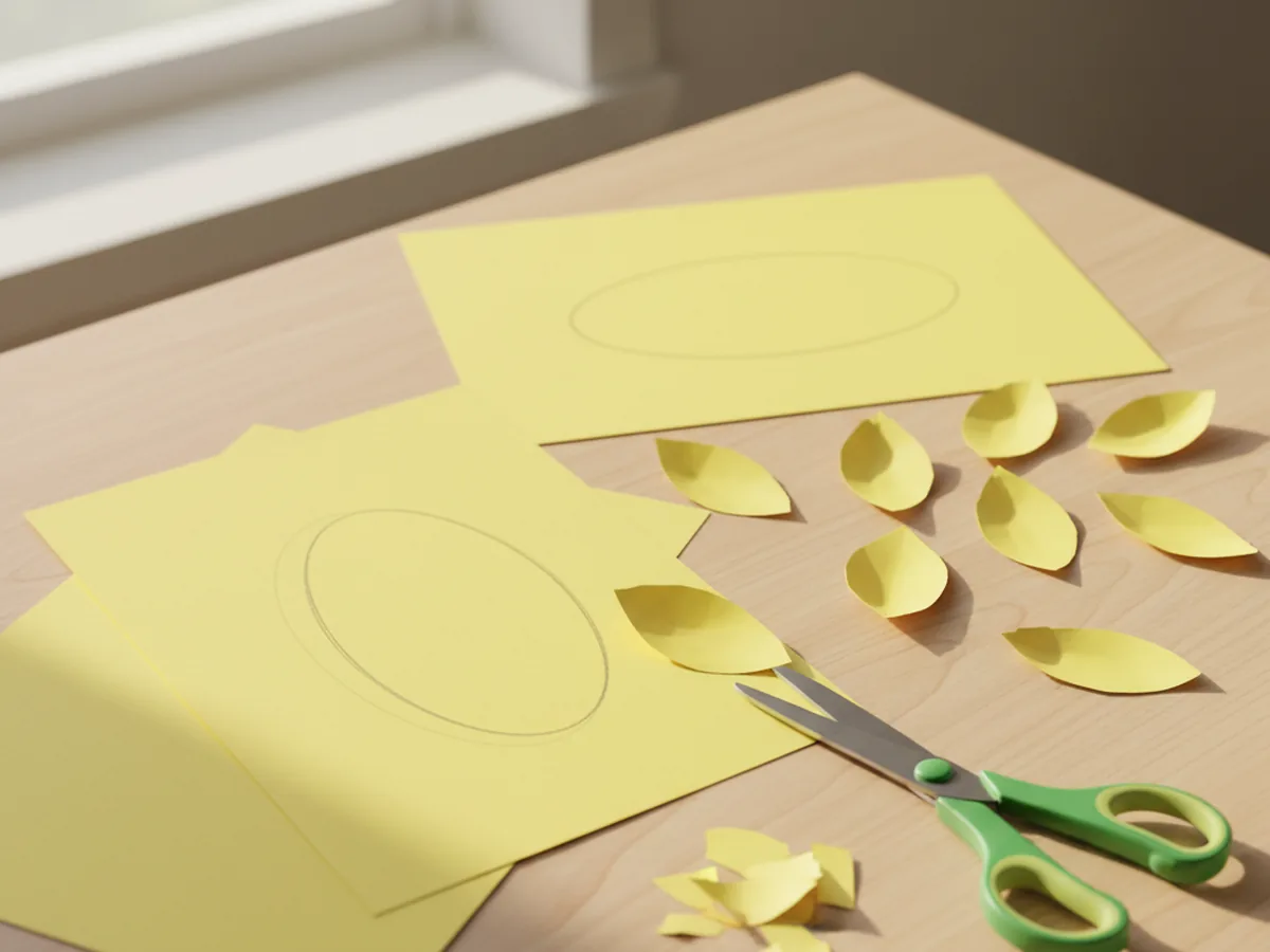 Yellow construction paper petals in various stages of being traced and cut with child-safe scissors on a white craft table