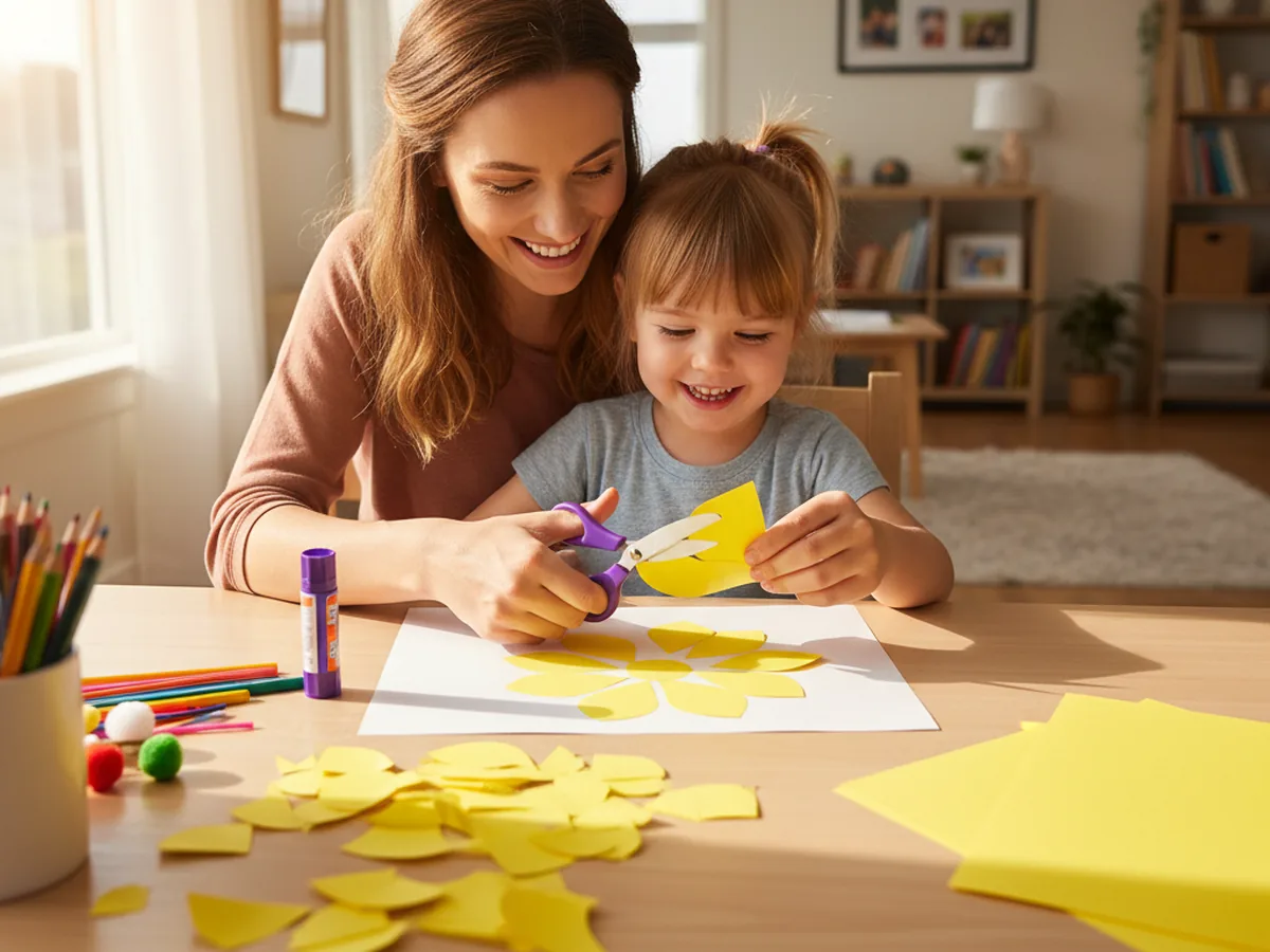 A mom and young child sitting at a craft table together, smiling and cutting yellow construction paper to make a sunflower paper craft