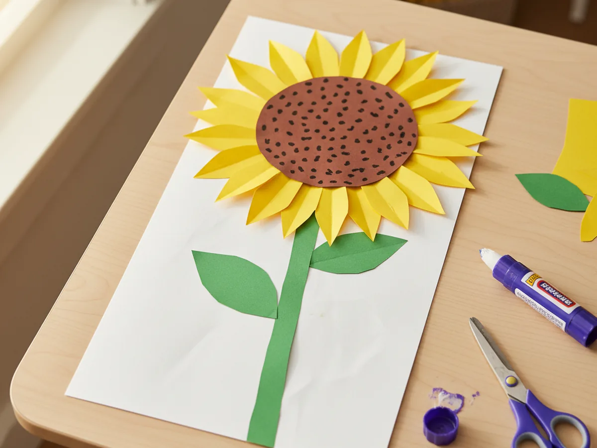 Finished sunflower paper craft made from yellow construction paper petals with a brown center and green stem on a white craft table