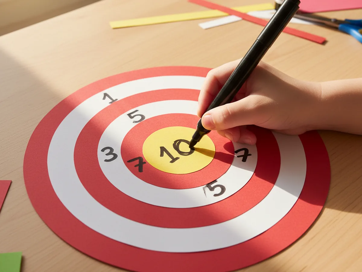 A child using a black marker to write the number 10 in the yellow center bullseye of a target craft paper with hand-drawn scoring numbers 1, 3, 5, and 7 already written on the outer red and white rings