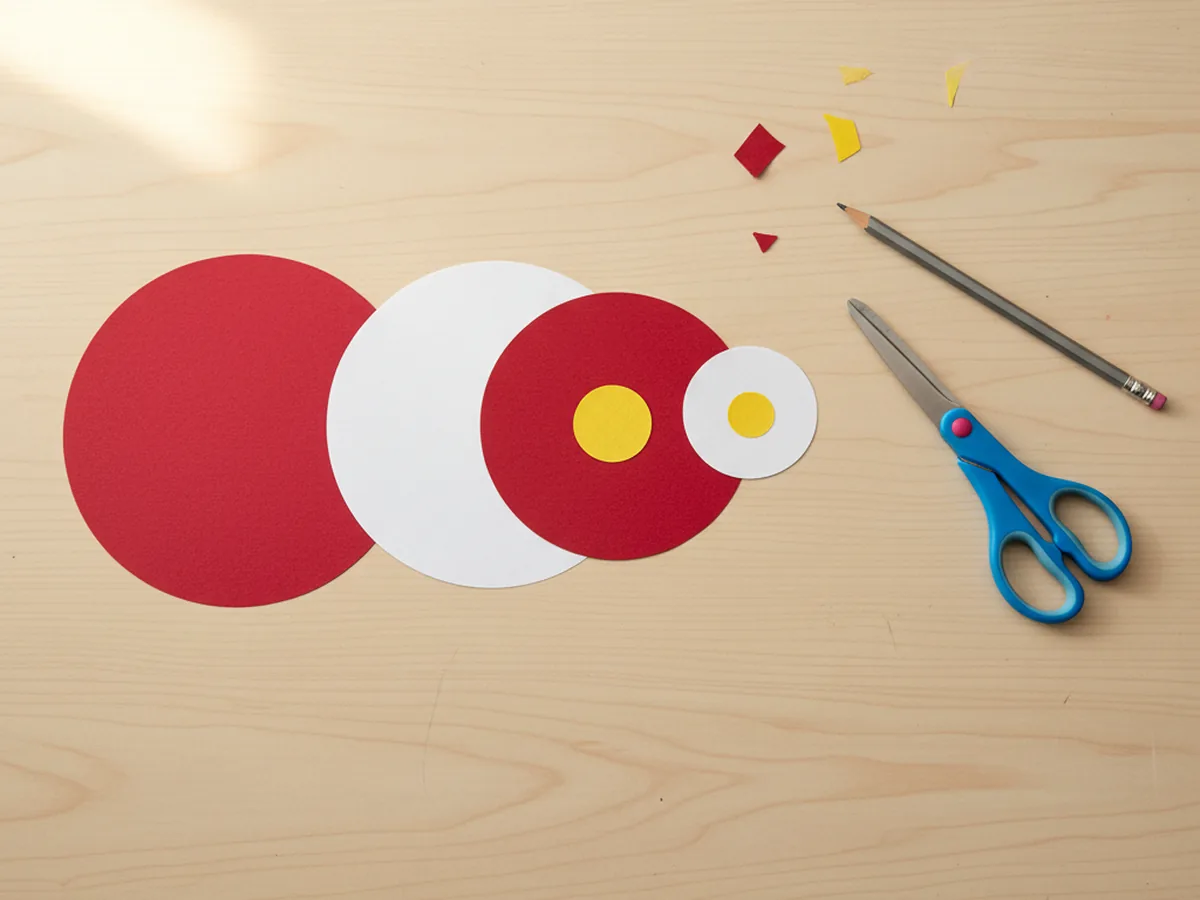 Five paper circles in decreasing sizes laid out on a craft table from large red to smaller white to smaller red to smallest white with a tiny yellow center circle ready to be stacked into a target craft paper bullseye