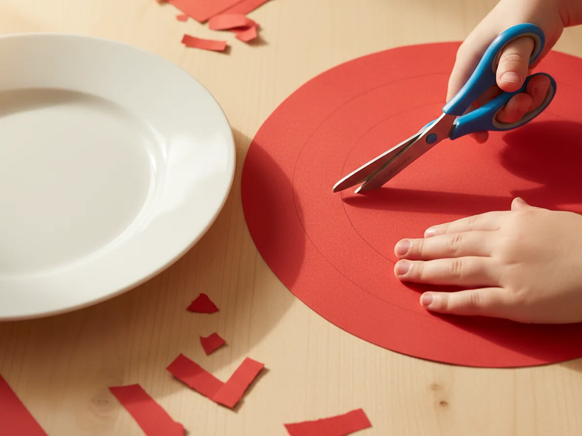 A child cutting along a pencil traced line on a sheet of red construction paper to make the large outer circle of a target craft paper bullseye on a light wood craft table