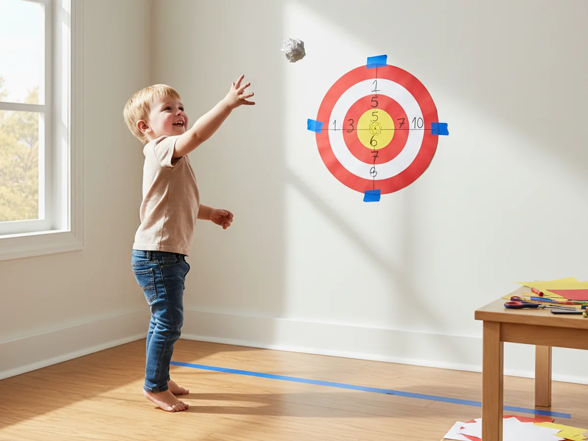 A young child throwing a soft crumpled paper ball at a finished target craft paper bullseye taped to a white wall with five red, white, and yellow concentric rings and scoring numbers from 1 to 10