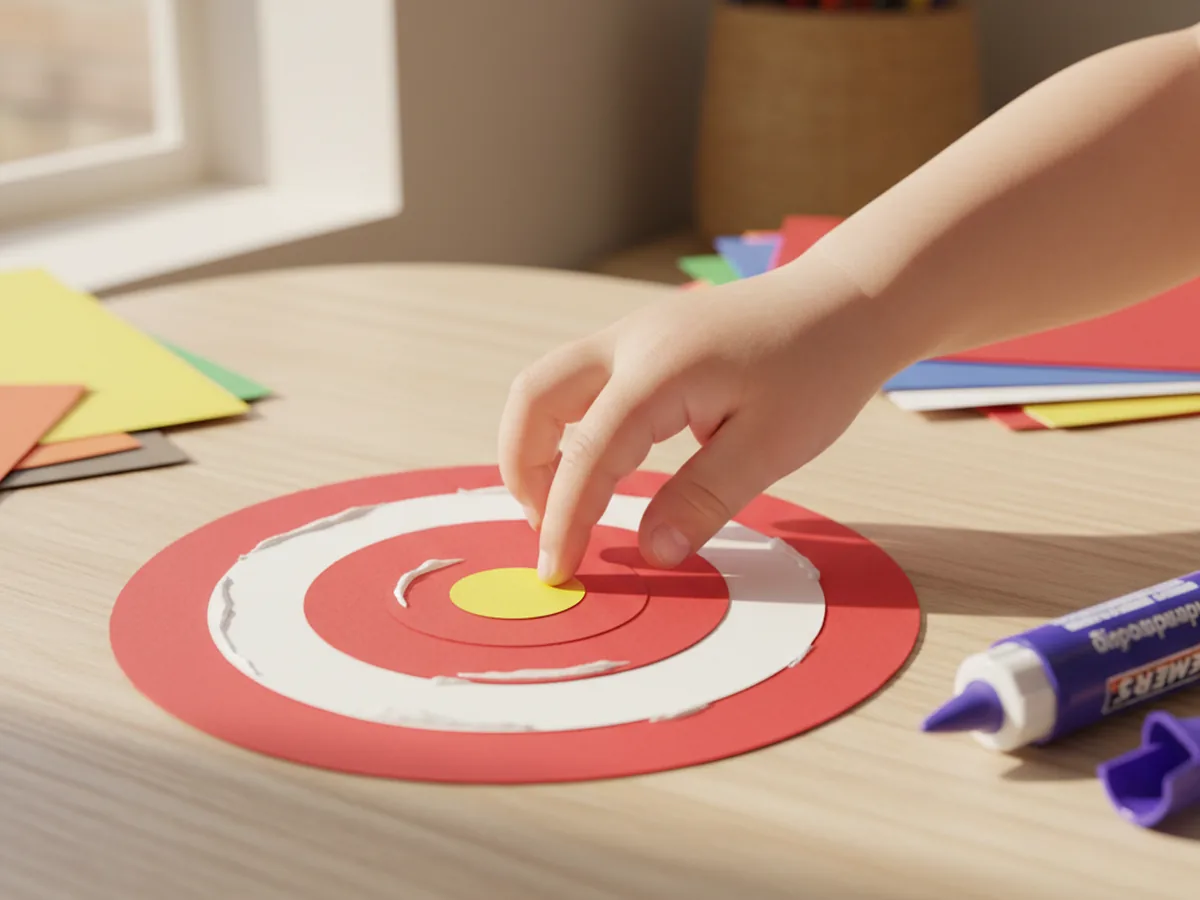 A child pressing a small yellow paper circle onto the center of a stacked target craft paper bullseye made of red, white, red, and white paper rings glued together on a craft table