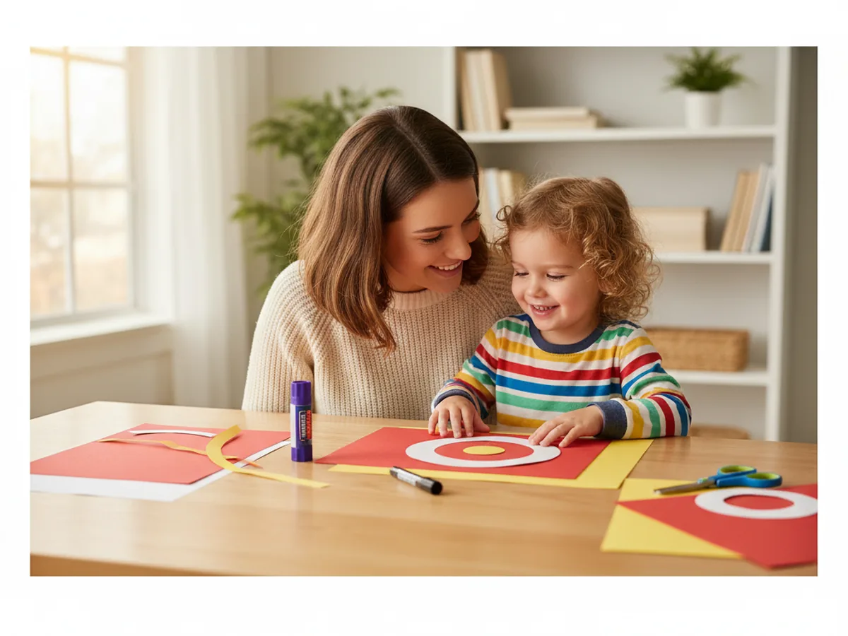A mom and young child sitting together at a craft table with red, white, and yellow construction paper, a glue stick, kid scissors, and a black marker ready to make a target craft paper bullseye