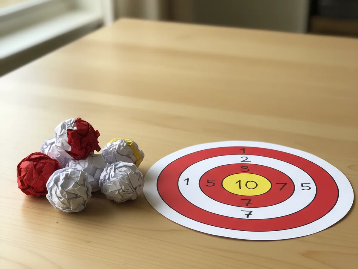 A small pile of six soft crumpled paper balls in white and red scrap paper next to the finished target craft paper bullseye with scoring numbers on a craft table ready for an indoor tossing game