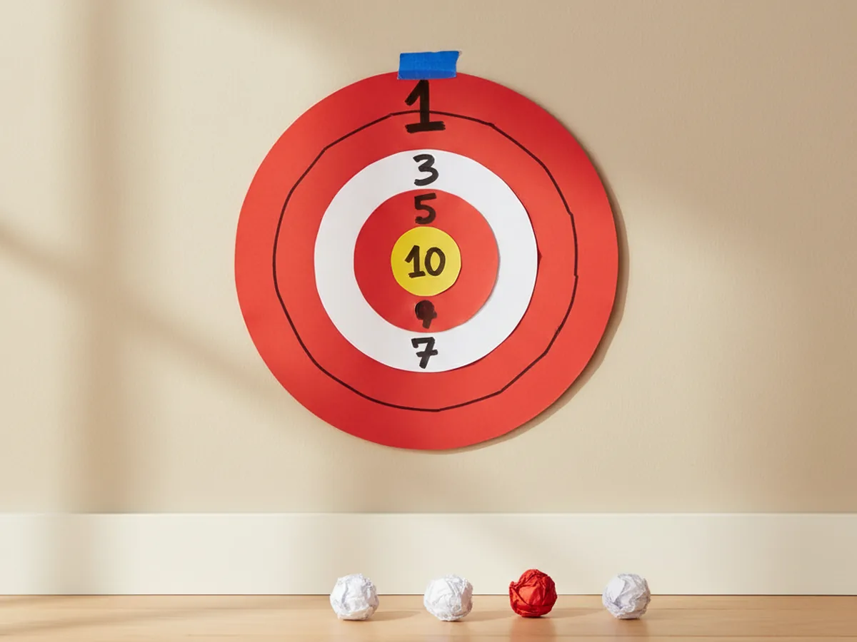 Finished handmade target craft paper bullseye with five concentric paper rings in red, white, red, white, and a small yellow center with hand-drawn black scoring numbers, taped to a white wall with three small crumpled paper toss balls on the floor below
