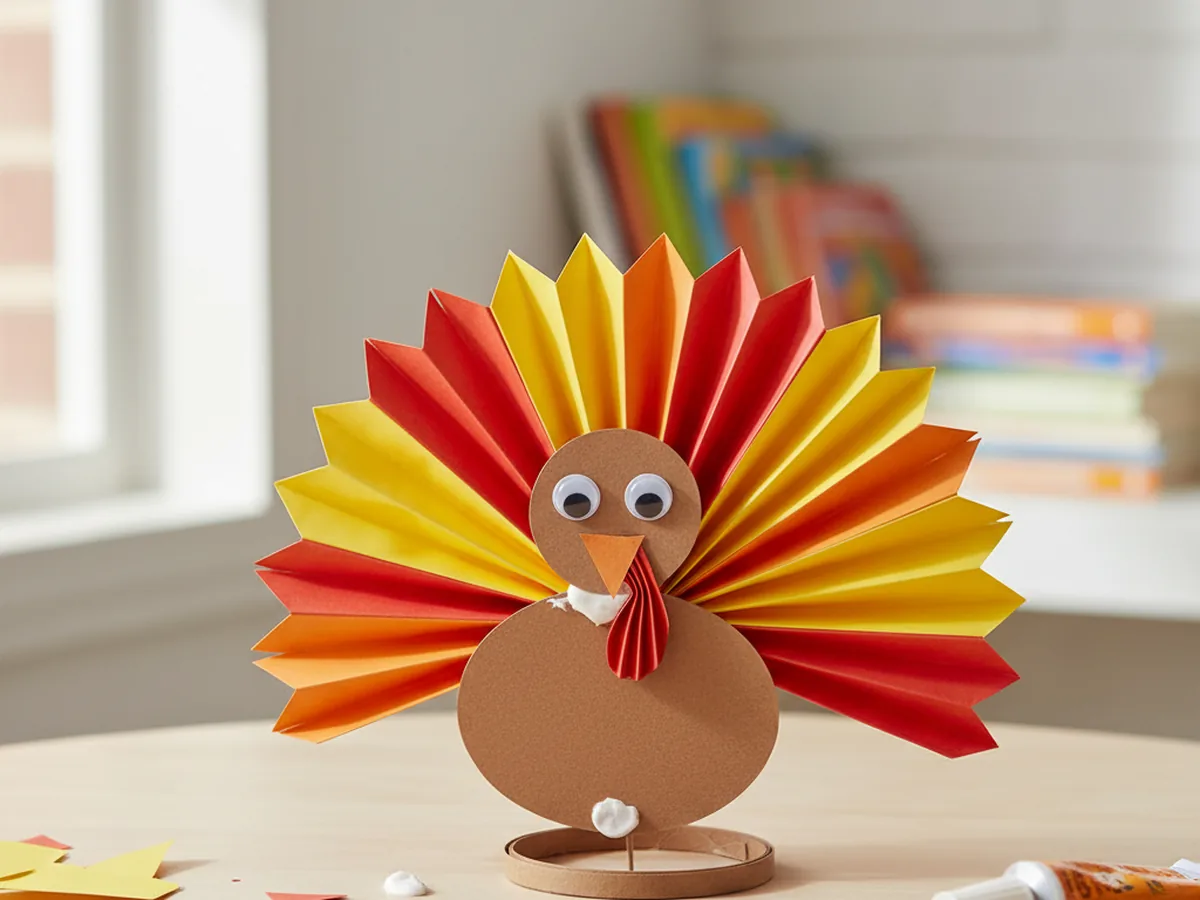 A handmade accordion fan paper turkey with colorful folded paper tail feathers and a brown construction paper body