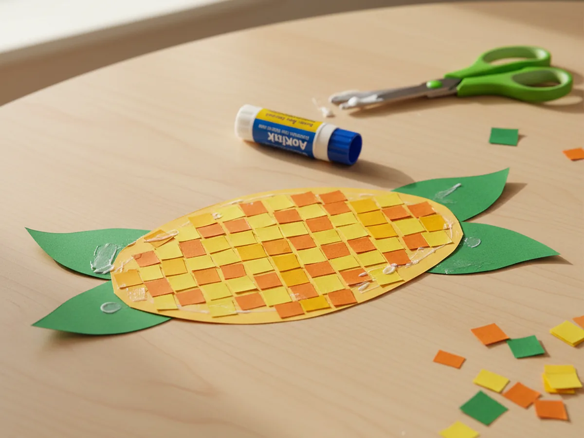A handmade construction paper corn on the cob with rows of yellow and orange paper square kernels and green paper husks
