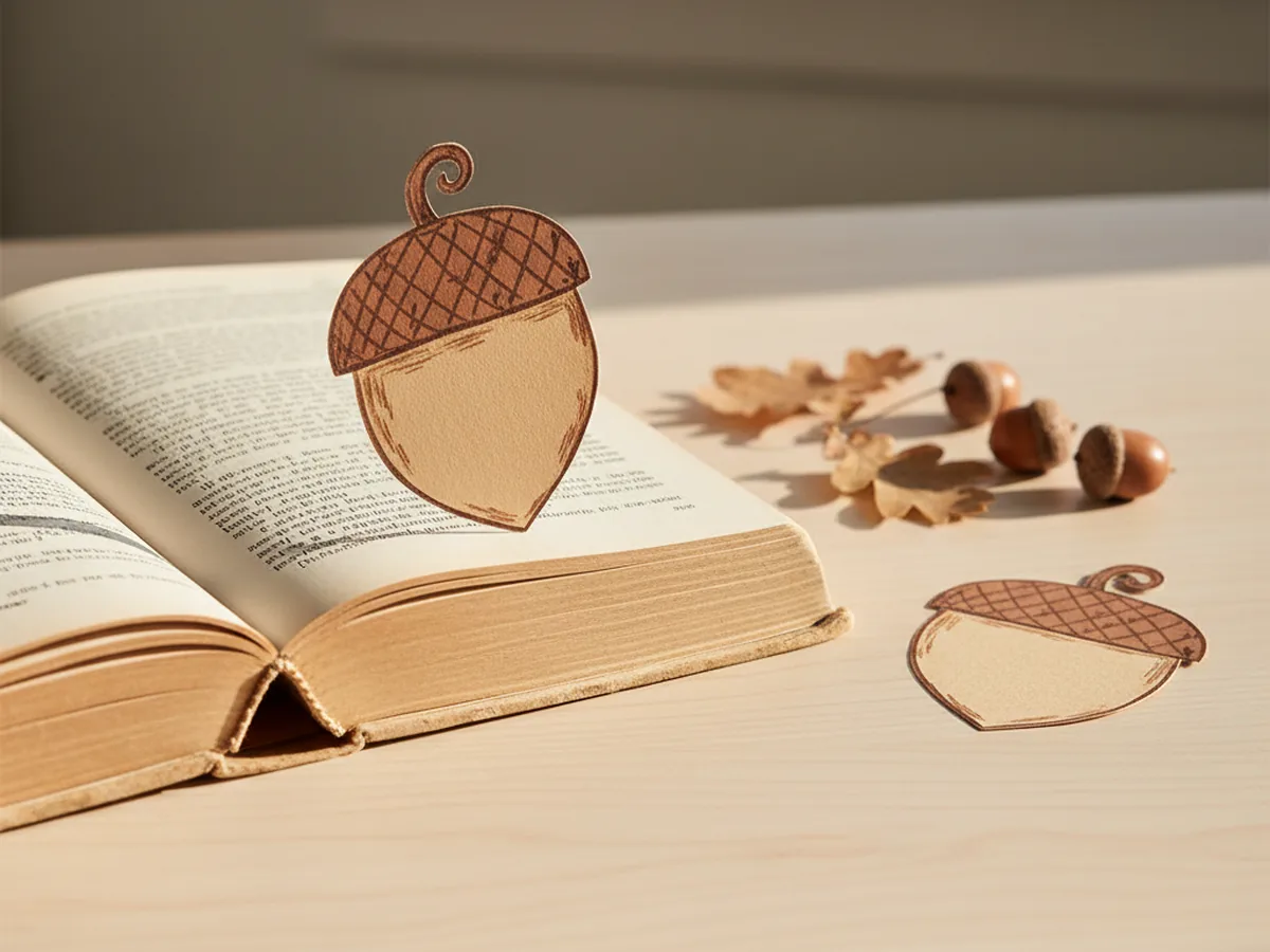 A handmade paper acorn corner bookmark made from brown and tan construction paper sitting on the corner of an open book