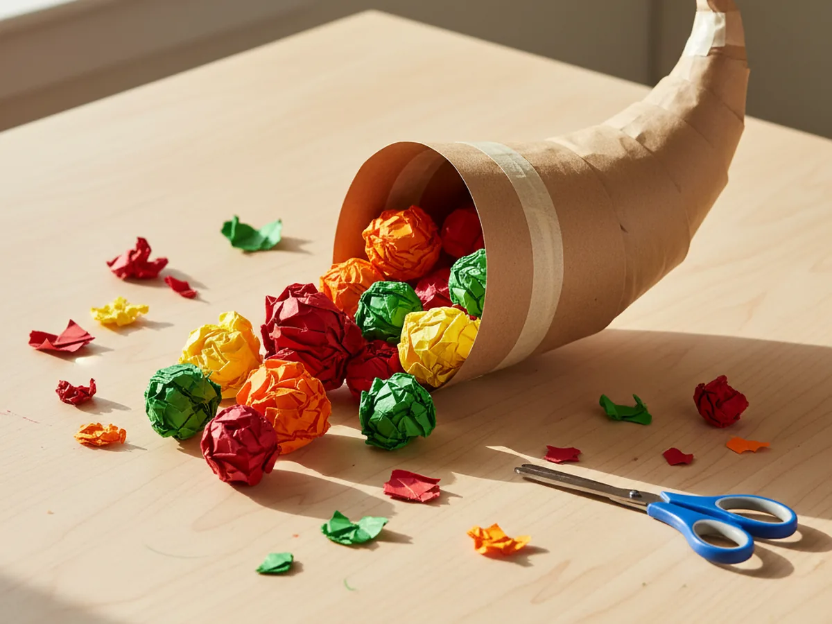 A handmade paper cornucopia made from a rolled brown construction paper cone filled with colorful crumpled paper fruits and vegetables