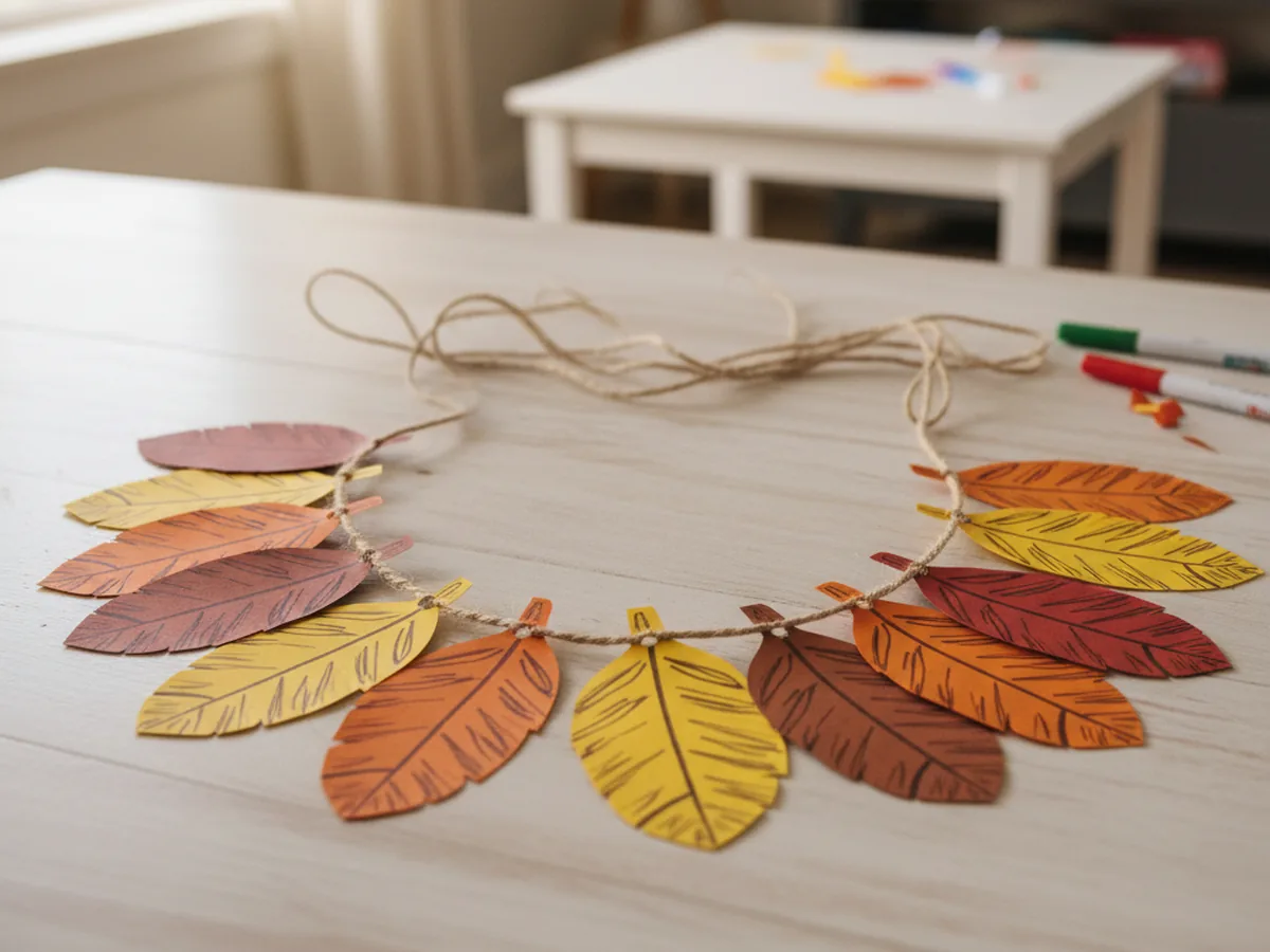 A handmade paper feather garland made from colorful orange red and yellow construction paper feathers strung on twine