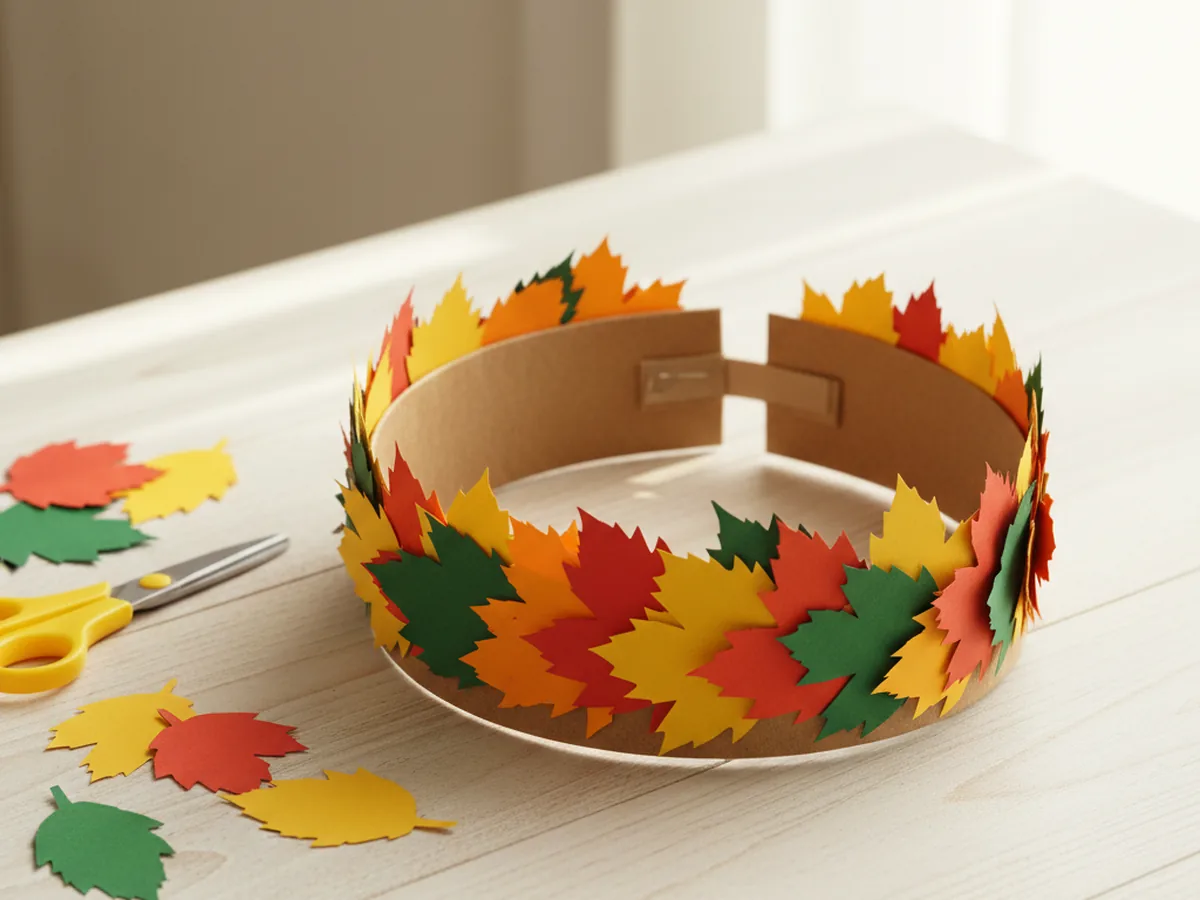 A handmade wearable paper leaf crown made from a construction paper headband covered in colorful fall-colored paper leaves